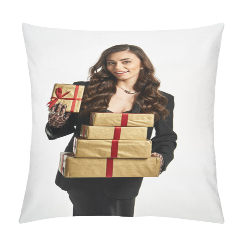 Personality  Happy Young Woman Holds Wrapped Presents While Showcasing Her Glamorous Look And Smile. Pillow Covers