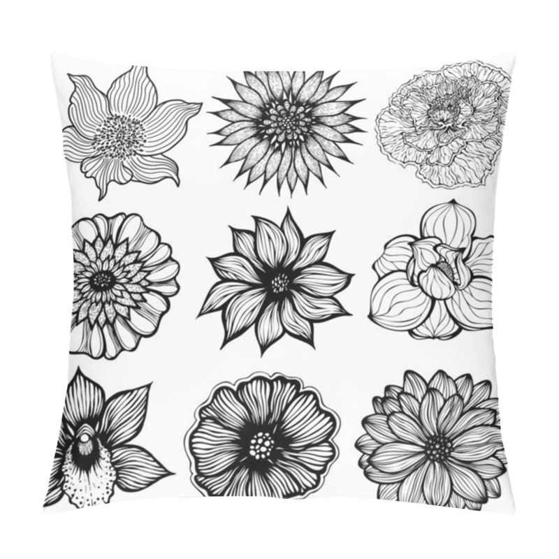 Personality  Set Of 9 Different Hand Drawn Flowers, Black And White Isolated Vector Illustration Pillow Covers