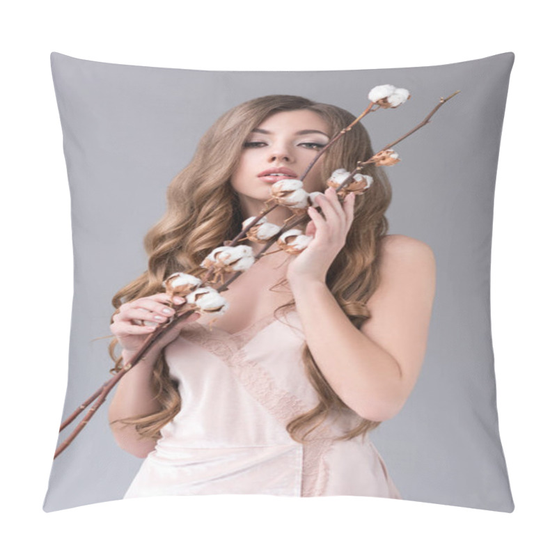 Personality  Beautiful Tender Girl Posing With Cotton Flowers, Isolated On Grey Pillow Covers