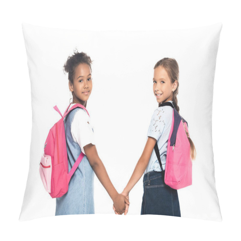 Personality  Multicultural Friends With Backpacks Holding Hands And Looking At Camera Isolated On White  Pillow Covers