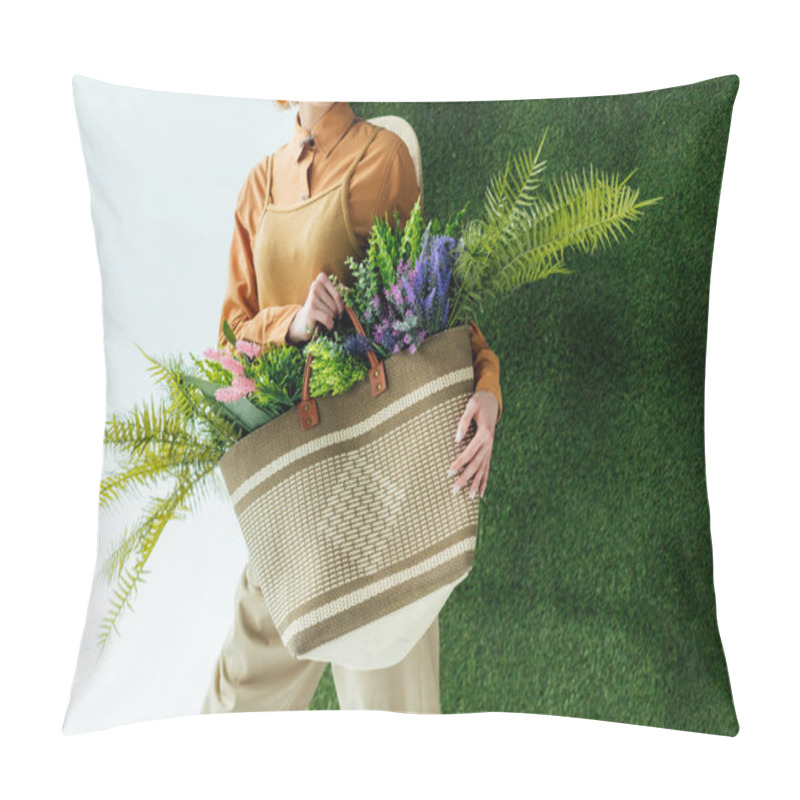 Personality  Partial View Of Stylish Young Woman Holding Bag With Fern And Flowers On White With Green Grass  Pillow Covers