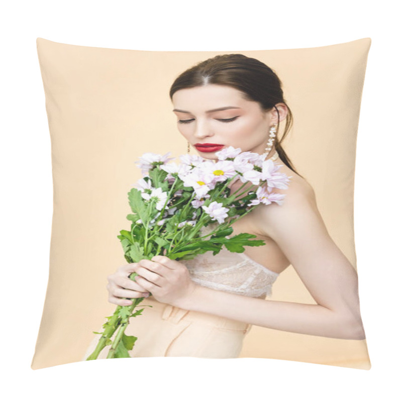 Personality  Beautiful Woman Holding Blooming Flowers Isolated On Beige  Pillow Covers