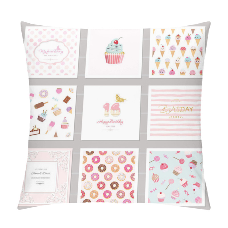 Personality  Cute Card Templates Set For Girls. Including Frames, Seamless Patterns With Sweets.  Birthday, Wedding, Baby Shower Design. Pillow Covers