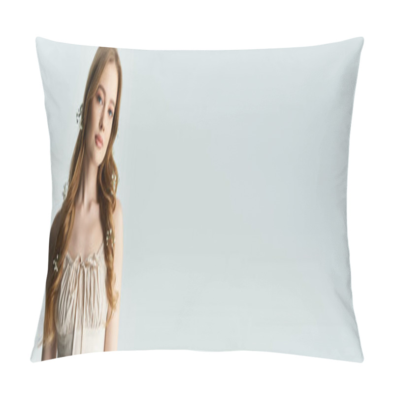 Personality  A Lovely Girl Stands Gracefully, Embellished With Fresh Blooms In Her Hair. Pillow Covers