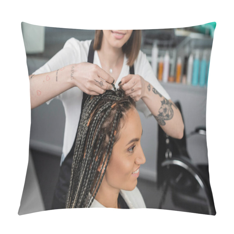 Personality  Beauty Industry, Braids, Tattooed Hairdresser Braiding Hair Of Woman In Salon, Braiding Process, Salon Customer, Beauty Profession, Client Satisfaction, Hair Fashion, Hairdo  Pillow Covers