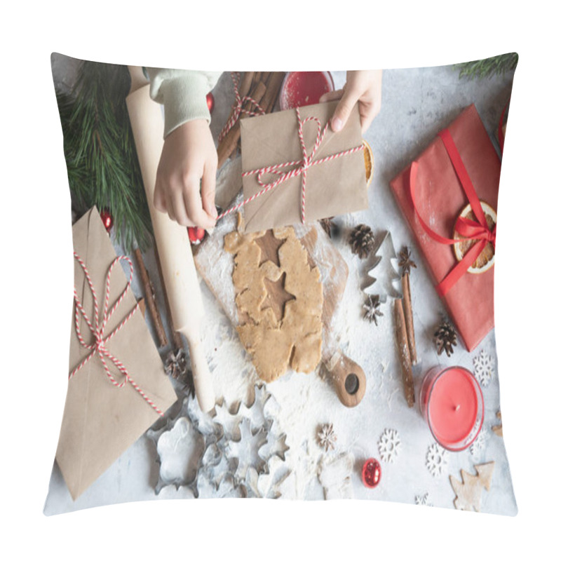 Personality  Christmas Background. Cutting Board And Gift Boxes Concept For Christmas . Pillow Covers