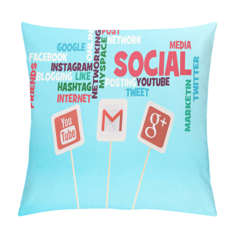 Personality  Social Media Words And Cards With Youtube, Gmail And Google Plus Logo Isolated On Blue Pillow Covers