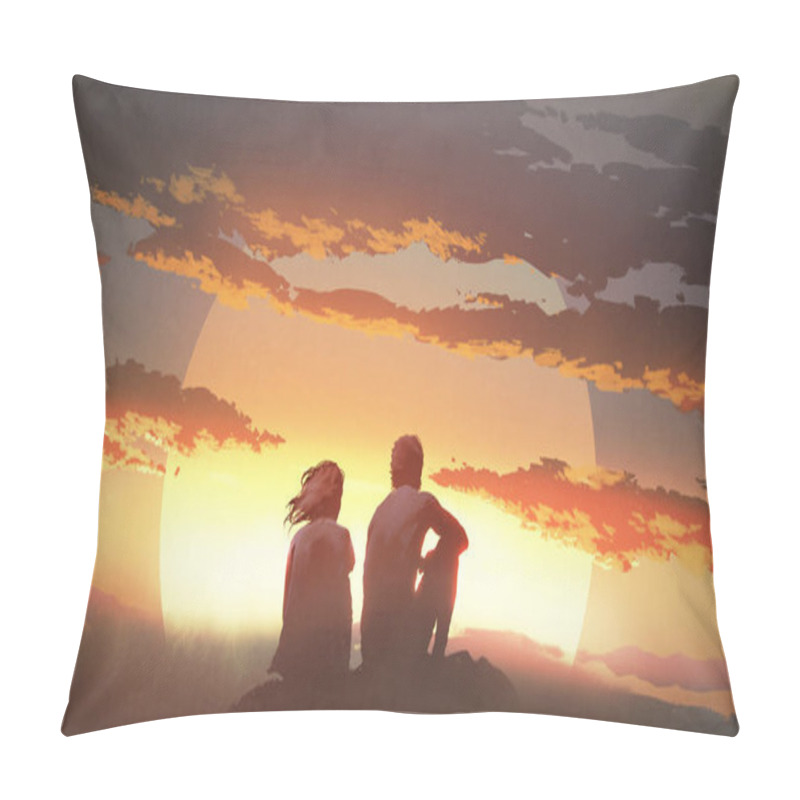 Personality  Silhouette Of A Young Couple Sitting On A Rock Looking At The Sunset, Digital Art Style, Illustration Painting Pillow Covers