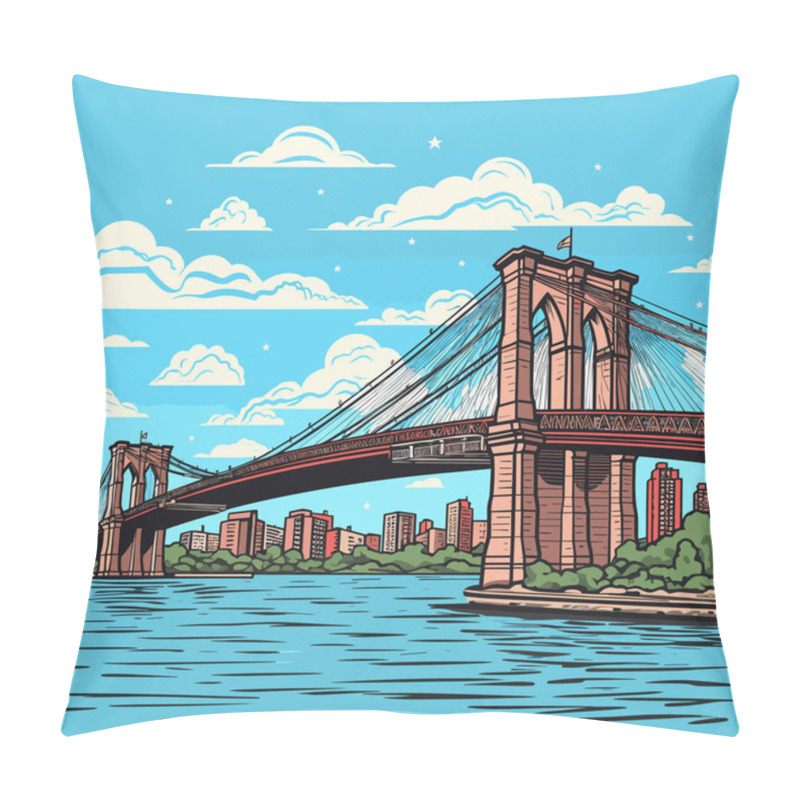 Personality  Brooklyn Bridge Hand-drawn Comic Illustration. Brooklyn Bridge. Vector Doodle Style Cartoon Illustration Pillow Covers