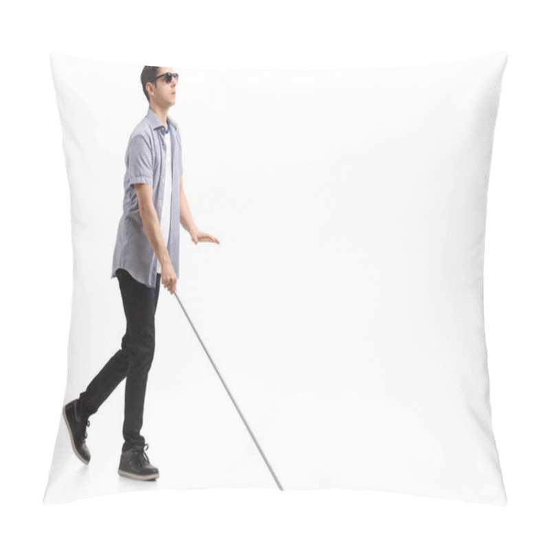 Personality  Full Length Profile Shot Of A Blind Young Man With A Cane Walking Isolated On White Background Pillow Covers