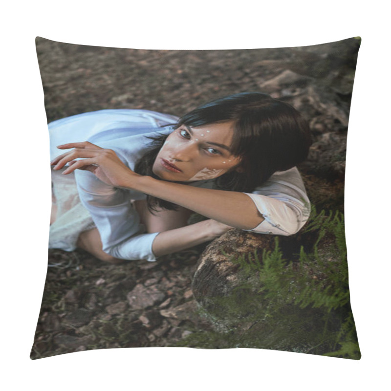 Personality  A Woman Dressed In Flowing White Poses Amidst A Swamp. Pillow Covers