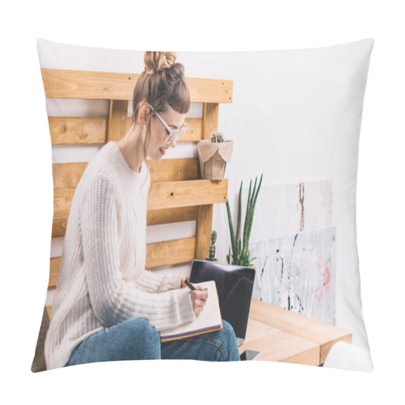 Personality  Smiling Girl Sitting On Table In Office And Writing Something To Notebook  Pillow Covers