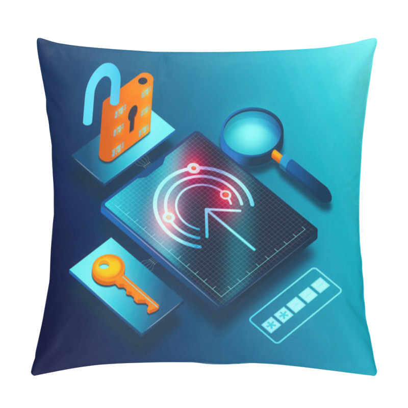 Personality  Identity And Access Management Technologies Concept - IAM And IdAM Through Multi-factor Authentication As Represented By Password Field And Digital Key And Virtual Padlock - 3D Conceptual Illustration Pillow Covers