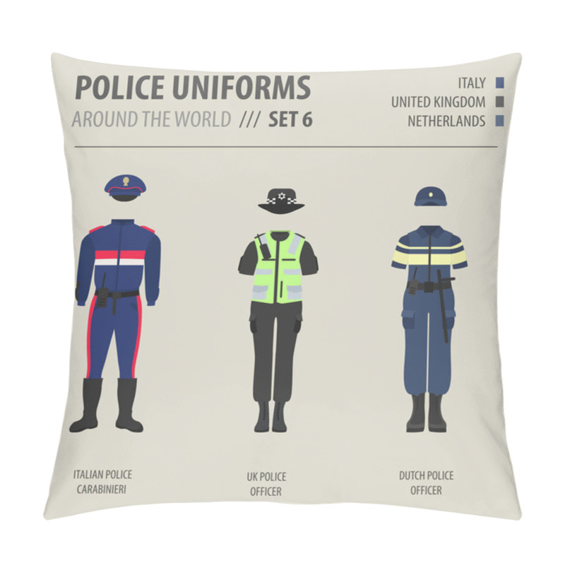 Personality  Police Uniforms Around The World. Suit, Clothing Of European Police Officers Vector Illustrations Set Pillow Covers