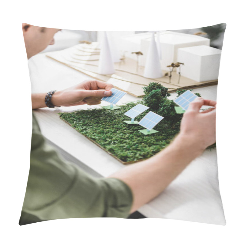 Personality  Cropped View Of Architect Holding Solar Panels Models Models Over Table In Office Pillow Covers