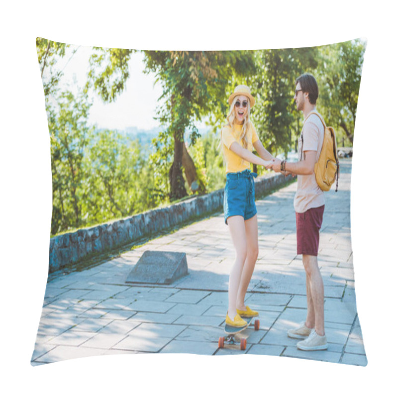 Personality  Man Helping Girlfriend Skating On Longboard On Street Pillow Covers