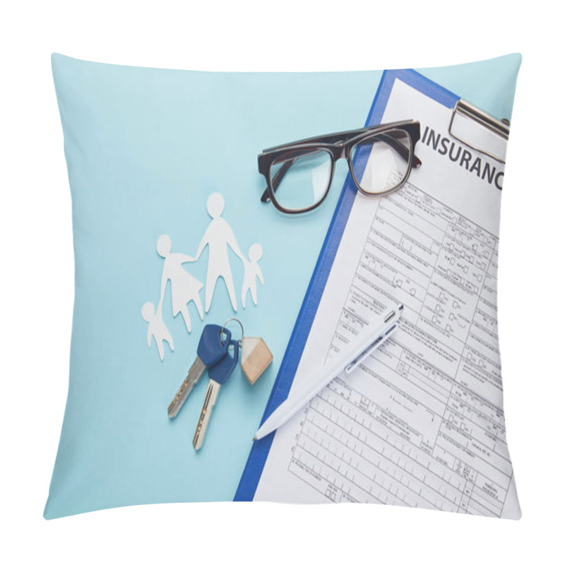 Personality  Top View Of Insurance Form, Pen, Paper Cut Family And Keys Isolated On Blue   Pillow Covers