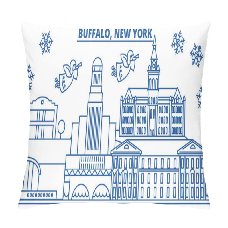 Personality  USA, New York, Buffalo Winter City Skyline. Merry Christmas And Happy New Year Decorated Banner. Winter Greeting Card With Snow And Santa Claus. Flat, Line Vector. Linear Christmas Illustration Pillow Covers