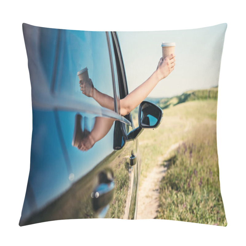 Personality  Cropped Shot Of Woman Leaning Out Hand With Paper Cup Of Coffee From Car Window In Rural Field  Pillow Covers