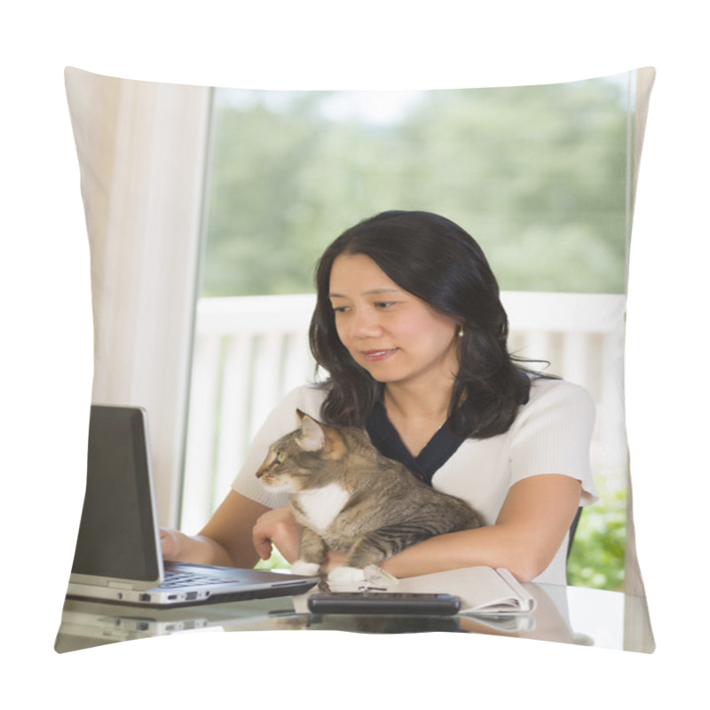 Personality  Mature Woman Relaxing With Her Cat While Working At Home  Pillow Covers