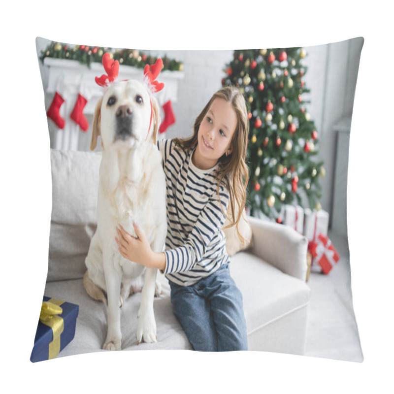 Personality  Positive Girl Looking At Labrador With Christmas Headband Near Present On Couch At Home  Pillow Covers