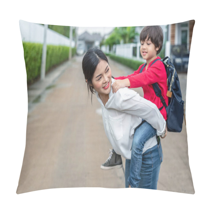 Personality  Single Mom Carrying And Playing With Her Children Near Home With Villa Street Background. People And Lifestyles Concept. Happy Family And Home Sweet Home Theme. Outdoors And Nature Theme. Pillow Covers