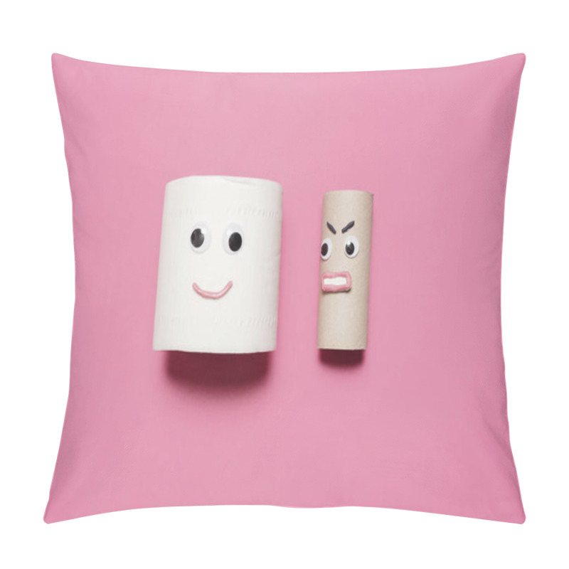 Personality  Happy And Smiling Full Roll Of Toilet Paper Next To Angry Empty Roll With Googly Eyes And Mouth On A Pink Background With Copy Space And Room For Text Pillow Covers