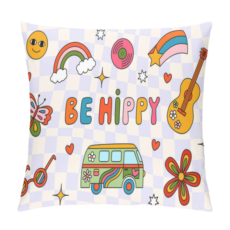 Personality  Be Hippy Vector Cartoon Collection Of Stickers In 70s Style. Isolated Retro Icons On Groovy Checkered Background Pillow Covers