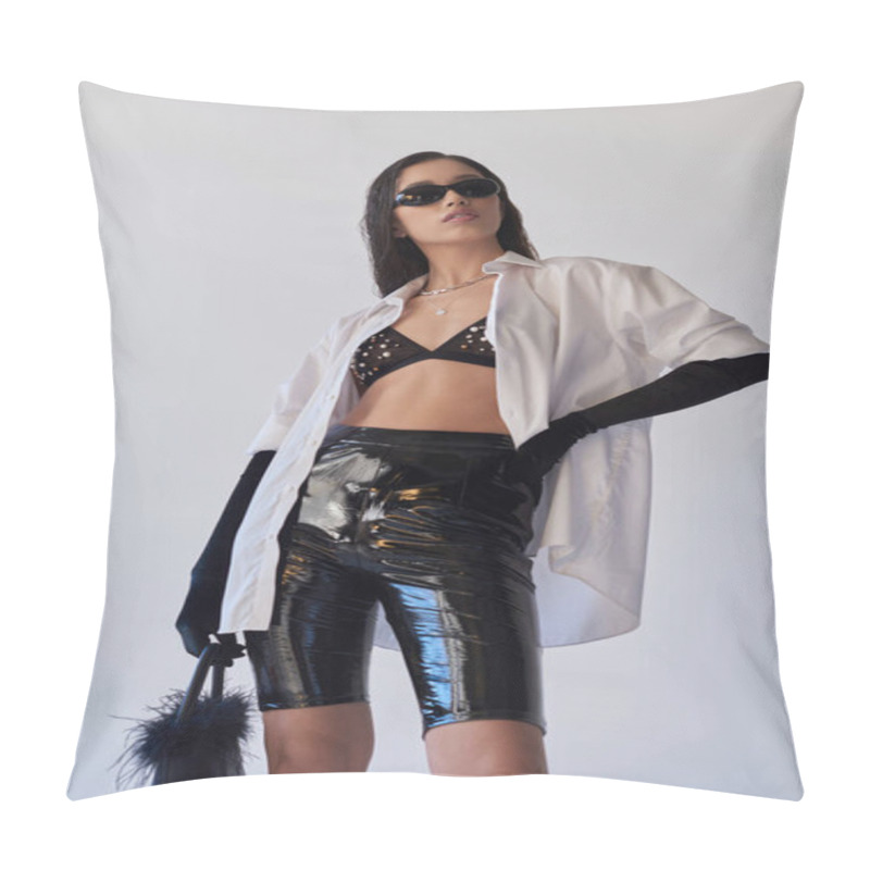 Personality  Personal Style, Fashion Statement, Asian Woman In Sunglasses Posing With Hand On Hip And Feathered Purse On Grey Background, Young Model In Latex Shorts, Black Gloves And White Shirt, Conceptual  Pillow Covers