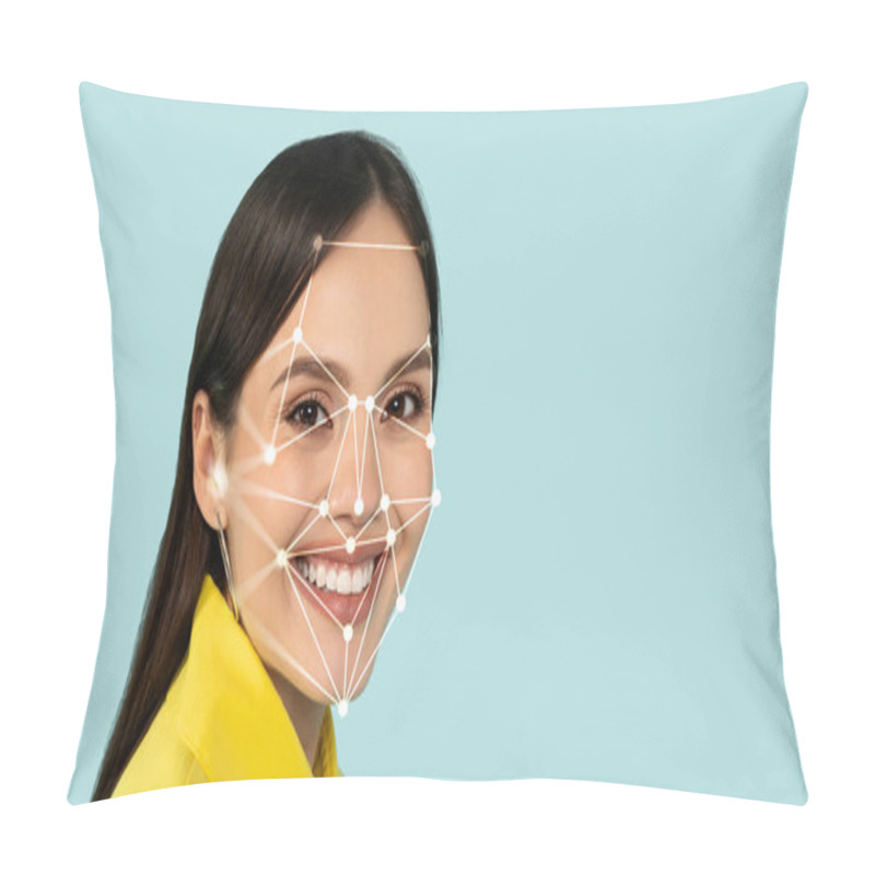 Personality  A Woman Is Smiling Brightly While A Digital Facial Recognition Grid Is Superimposed On Her Face. The Background Is A Soothing Light Blue, Emphasizing Her Cheerful Expression. Pillow Covers