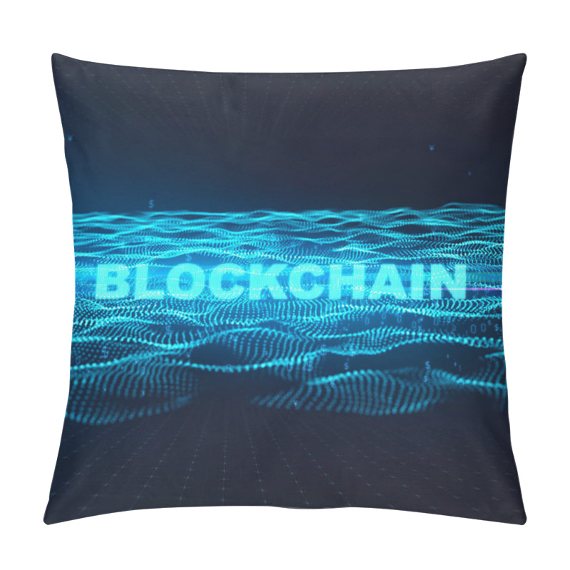 Personality  Word Blockchain Fintech Technology And Blockchain Network Concept , Distributed Ledger Technology, Distributed Connection Atom With Binary Digits And Currency Symbols And Text Blue Background 3d Rende Pillow Covers