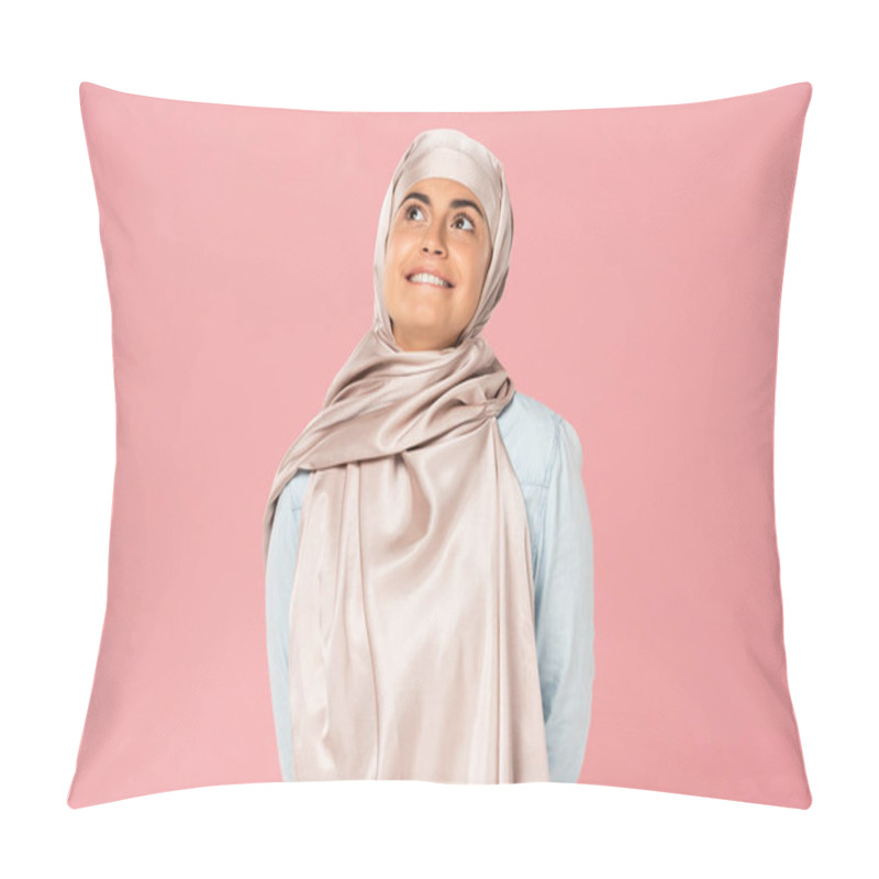 Personality  Beautiful Dreamy Muslim Girl In Hijab, Isolated On Pink Pillow Covers