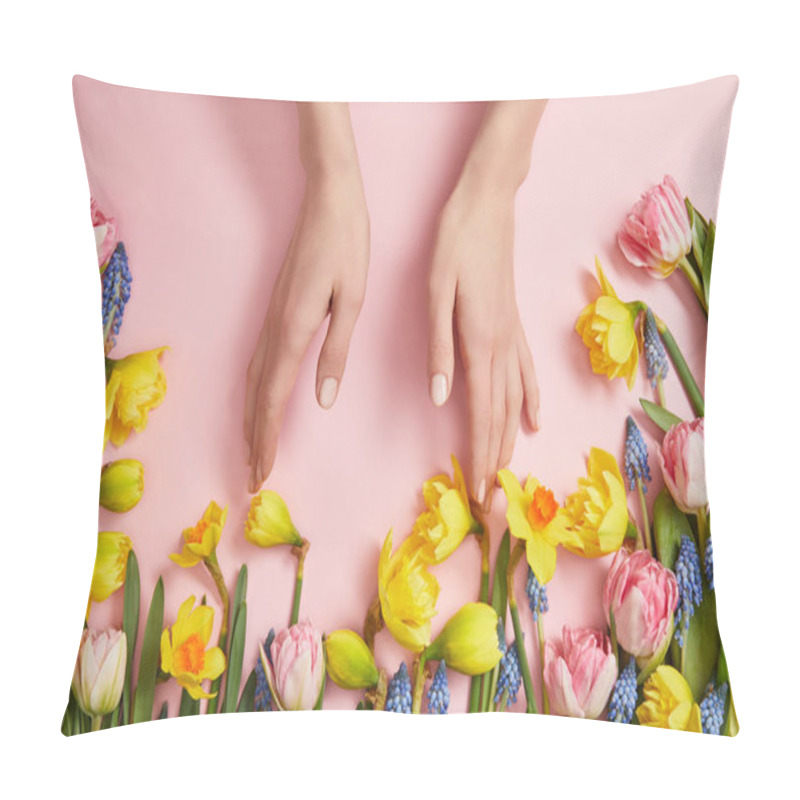 Personality  Partial View Of Female Hands, Fresh Pink Tulips, Blue Hyacinths And Yellow Daffodils On Pink  Pillow Covers