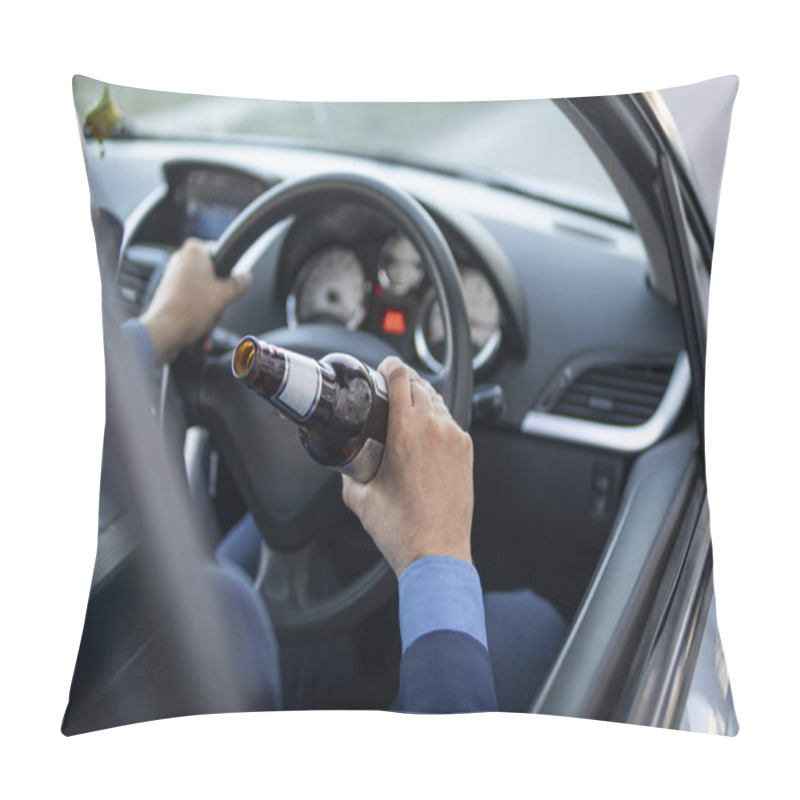 Personality  A Man In An Expensive Suit Drinks Beer At The Wheel Of A Car Causing The Danger Of An Emergency. A Businessman Drinks While Driving. Drunk Driver Concept Pillow Covers