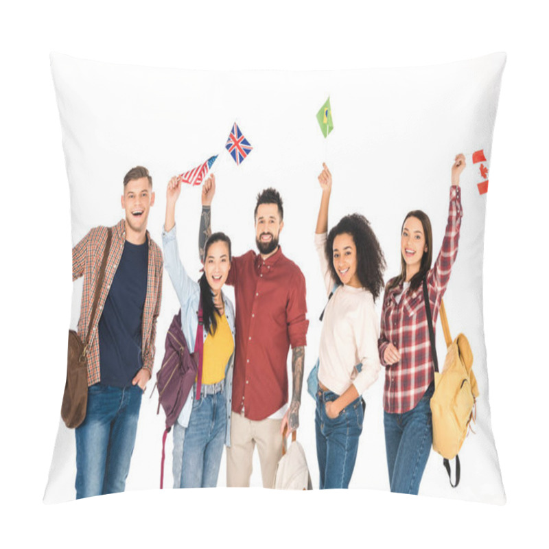 Personality  Multiethnic Group Of People Standing With Backpacks And Flags Of Different Countries Above Heads Isolated On White Pillow Covers