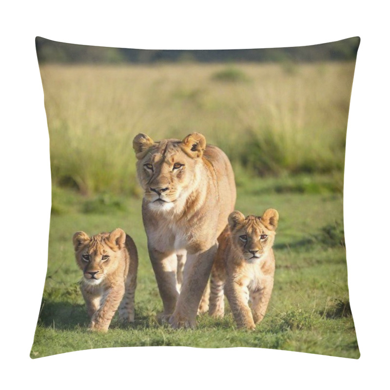 Personality  A Full Shot Photo Of A Lioness Leading Her Cubs Across A Grassy Plain, Deep Focus Capturing The Familial Bond And Protective Posture, Low-angle Shot Showing The Full Body Of The Lioness In A Nurturing And Commanding Role Pillow Covers