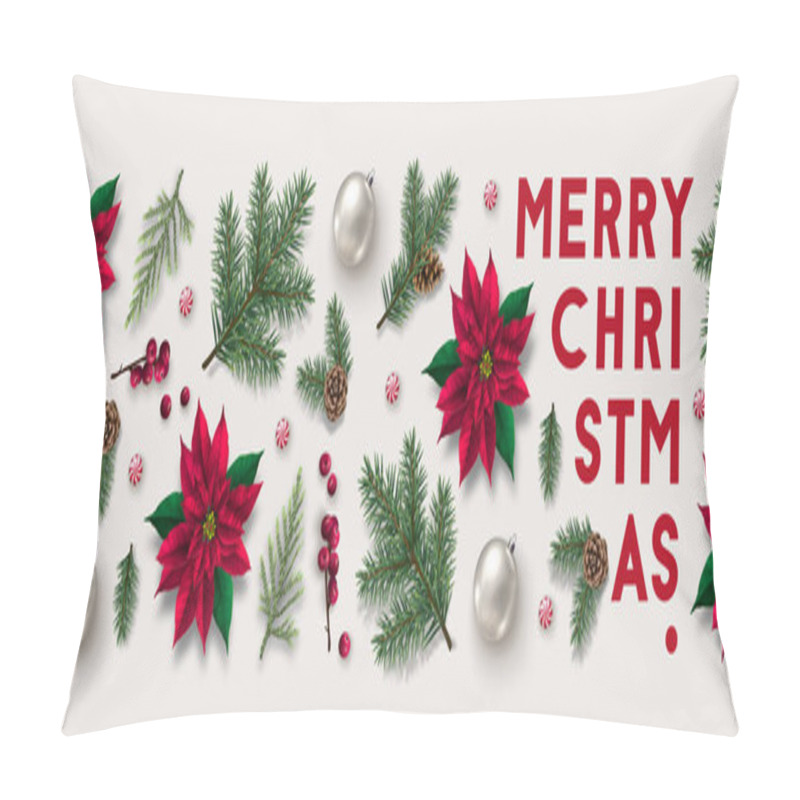 Personality  Christmas Horizontal Border Made Of Pine-tree Branches, Poinsettia Flowers, Christmas Ornaments, Fir Cones And Berries. Christmas Postcard, Header Or Profile Cover. Pillow Covers