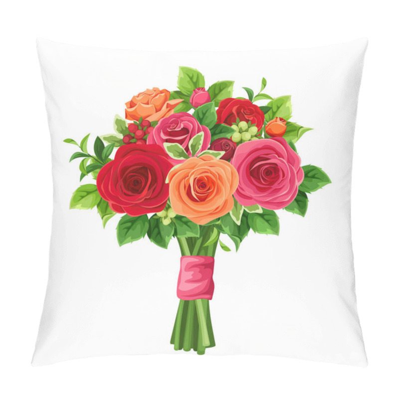 Personality  Vector Bouquet Of Red And Orange Roses And Green Leaves. Pillow Covers