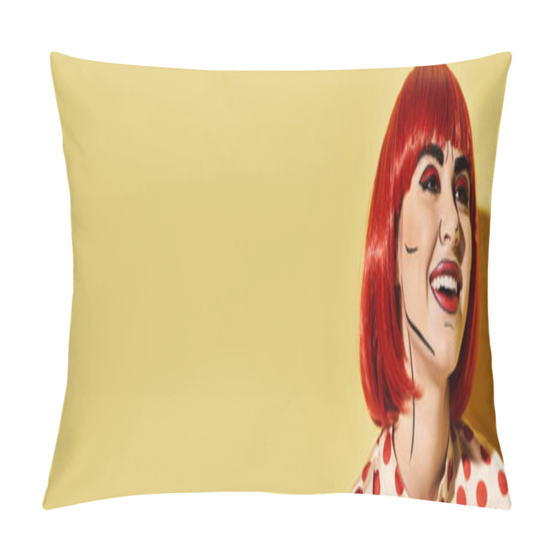 Personality  A Pretty Redhead Woman, With Creative Pop Art Makeup, In A Polka Dot Blouse, Against A Sunny Yellow Background. Pillow Covers