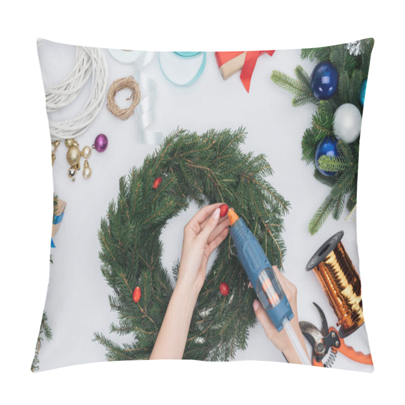 Personality  Cropped Shot Of Woman Decorating Handmade Christmas Wreath With Briar Berries Isolated On White Pillow Covers