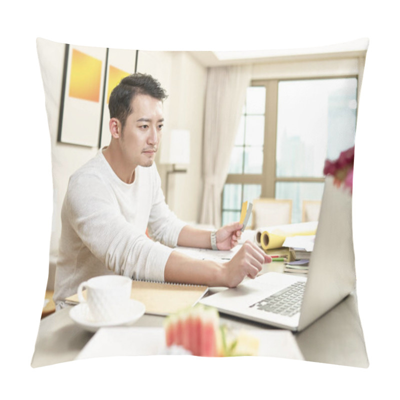 Personality  Young Asian Man Design Professional Working From Home Sitting At Kitchen Using Laptop Computer (artwork In Background Digitally Altered) Pillow Covers