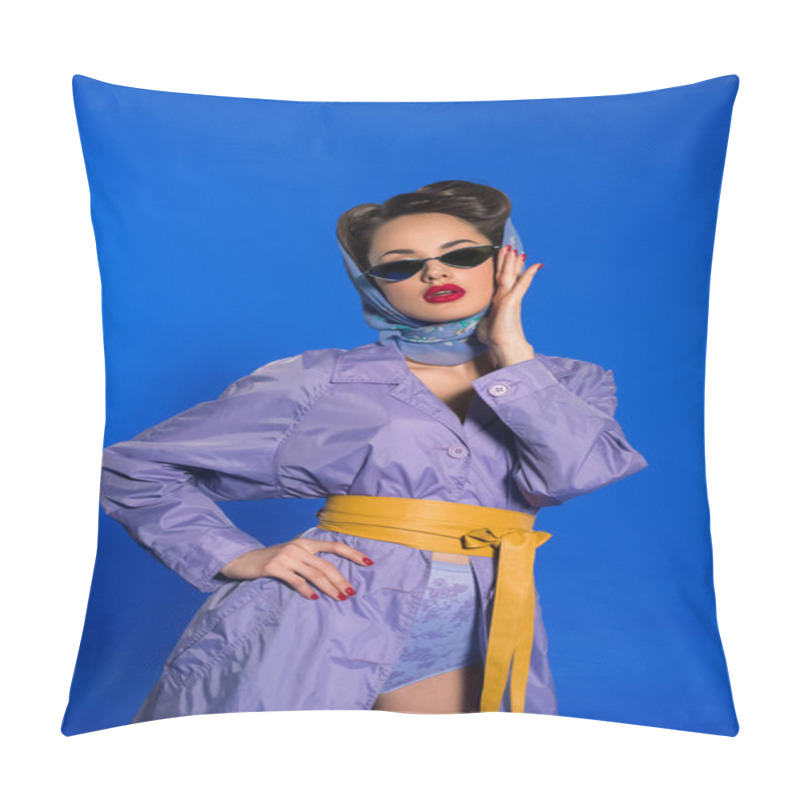 Personality  Portrait Of Stylish Woman In Retro Clothing And Sunglasses Isolated On Blue Pillow Covers