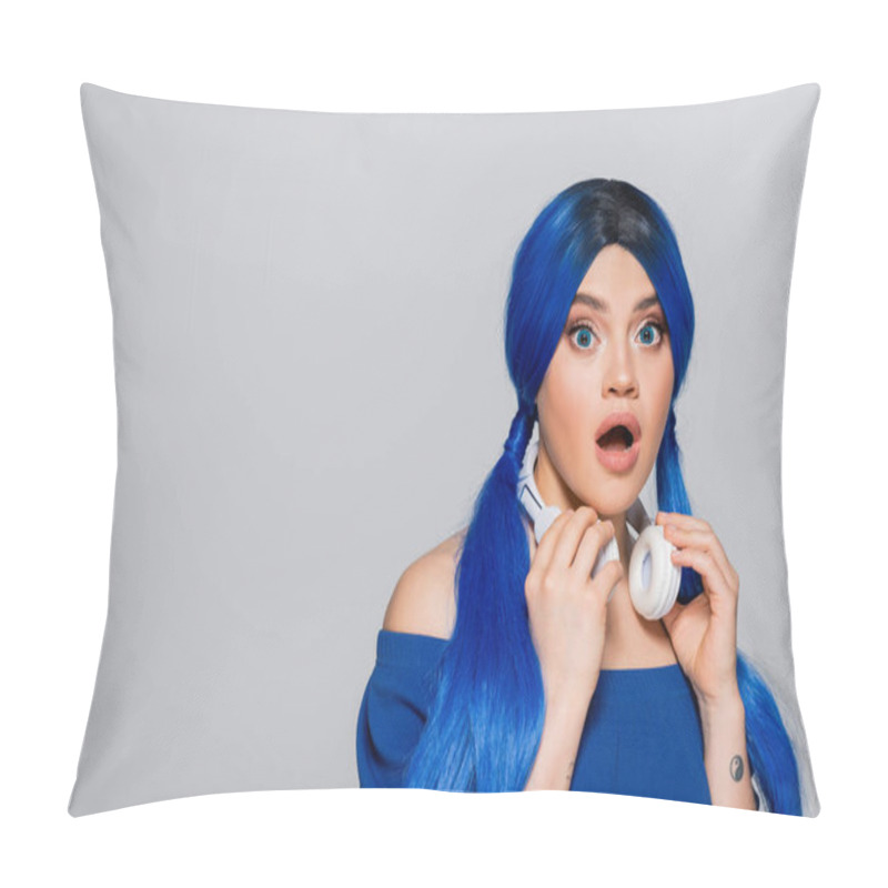 Personality  Music Lover, Amazed Young Woman With Blue Hair And Wireless Headphones Smiling On Grey Background, Vibrant Youth, Individualism, Modern Subculture, Self Expression, Tattoo, Sound  Pillow Covers