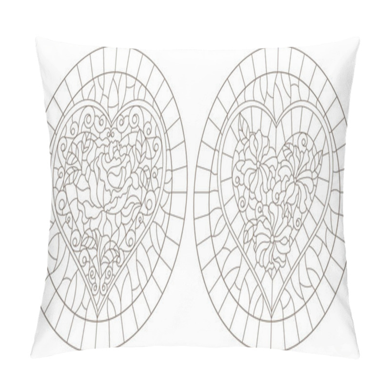 Personality  Set Of Contour Illustrations Of Stained Glass Windows With Abstract Hearts And Flowers , Dark Contours On White Background, Round Images Pillow Covers