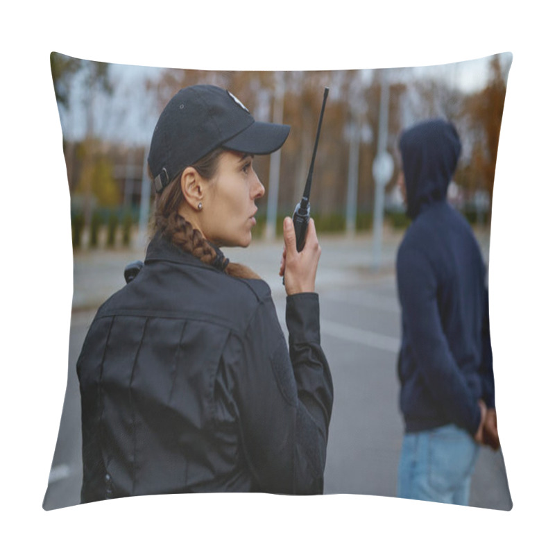 Personality  Woman Cop Using Portable Radio Back View Pillow Covers