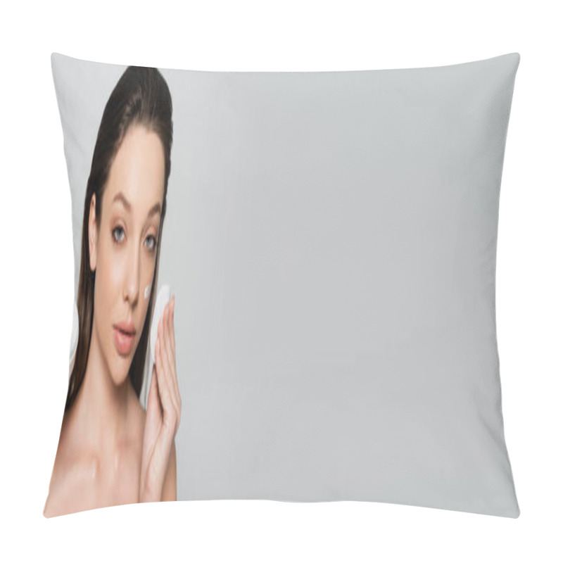 Personality  Young Woman With Bare Shoulders And Cream On Face Holding Container And Cotton Pad Isolated On Grey, Banner Pillow Covers