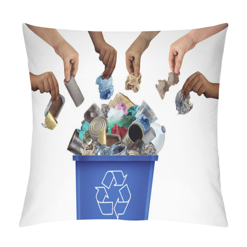 Personality  Community Recycling As A Blue Recycling Bin To Recycle Waste And Garbage As Reusable Items Management As Old Paper Glass Metal And Plastic Thrown In A Garbage Container As A Concept Of Environmental Conservation With 3D Illustration Elements. Pillow Covers