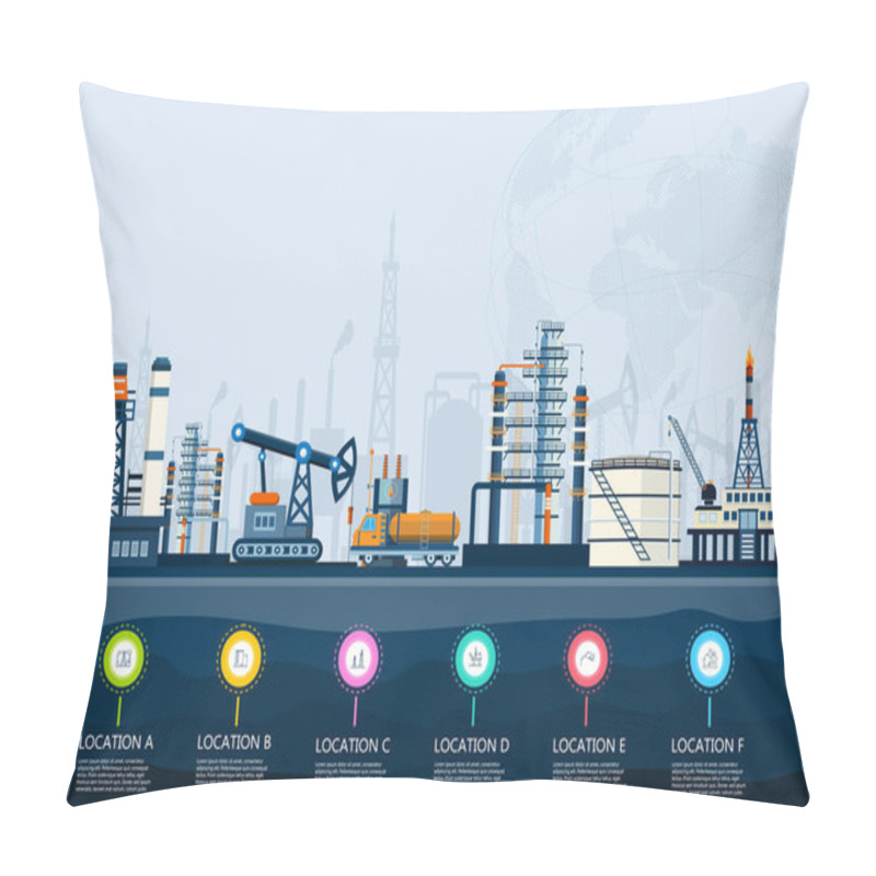 Personality  The Transportation And Petroleum Processing Industries Of Oil Rigs With Offshore Crude Extraction, Refinery Plant, Fuel Tanker Ship And More. Vector Illustration Eps10 Pillow Covers