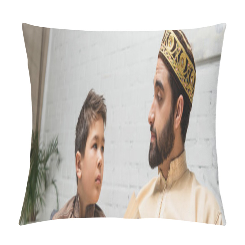 Personality  Middle Eastern Man Looking At Son Near Blurred Book At Home, Banner  Pillow Covers