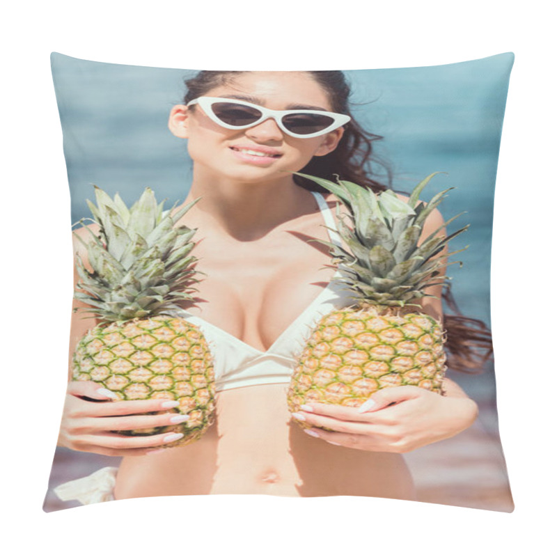 Personality  Smiling Girl In Bikini And Sunglasses Holding Fresh Pineapples Near The Sea Pillow Covers